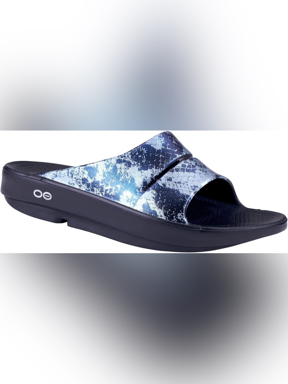 OOFOS OOahh Slide Sandals Metallic Blue Snake Women’s 9 EU 40 Recovery Shoes